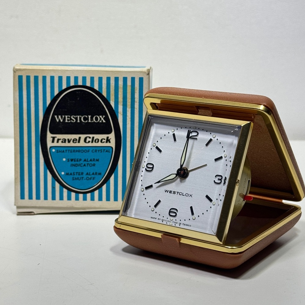 Westclox Travino 44238 Travel Alarm Clock Tan Luminous Vintage Wind Up Case Box